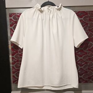 Ann Taylor Cream Short Sleeve Blouse With Ruffle Neck